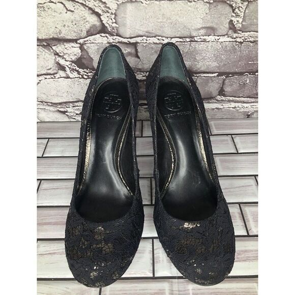 Tory Burch Black Leather Floral Fabric Platform Stiletto High Heels Women Sz 8M - Picture 2 of 16